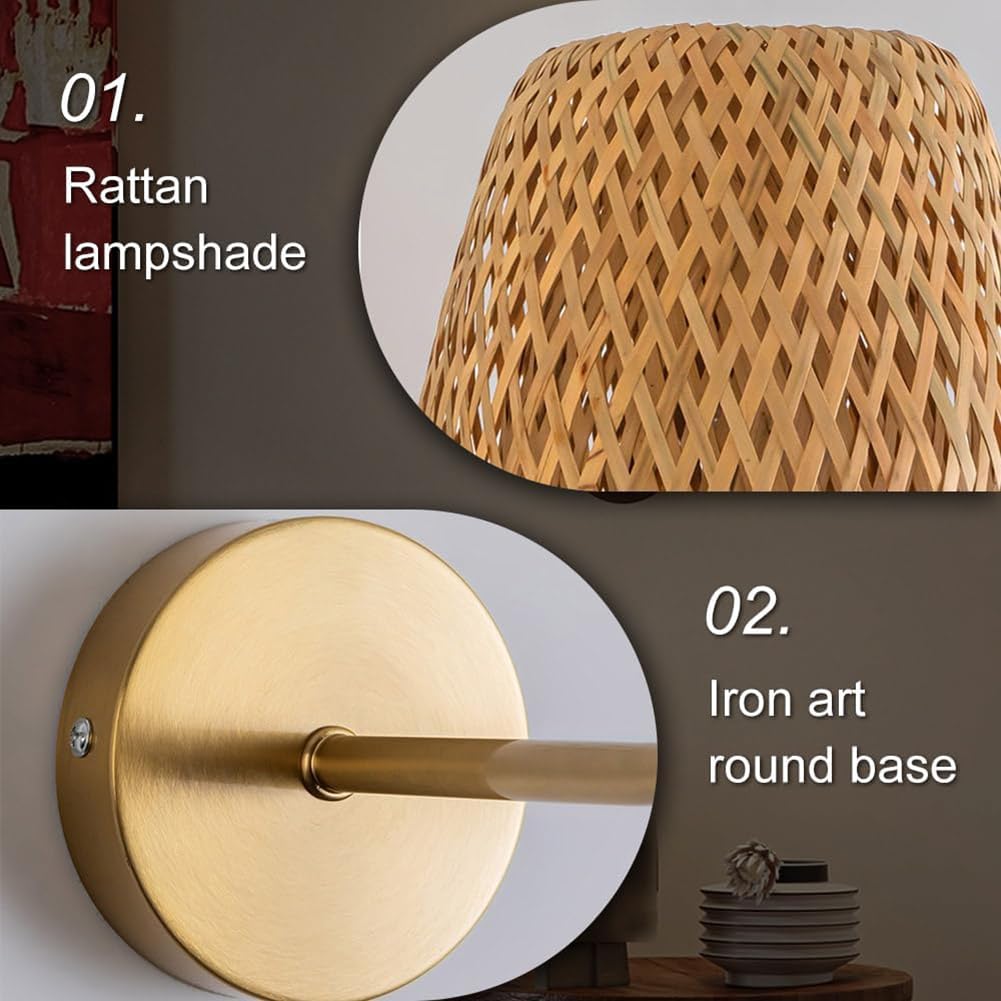 Lampa Ścienna LED Boho Wnętrze Złoto Ściemniacz Pilot Lampka Bohol Rattan Bez Podłączenia do Prądu Lampy Ściennej Retro Timer, 2 sztuki Bateria Lampa Salonowa Bambus Ręcznie Tkana USB Ładowalna