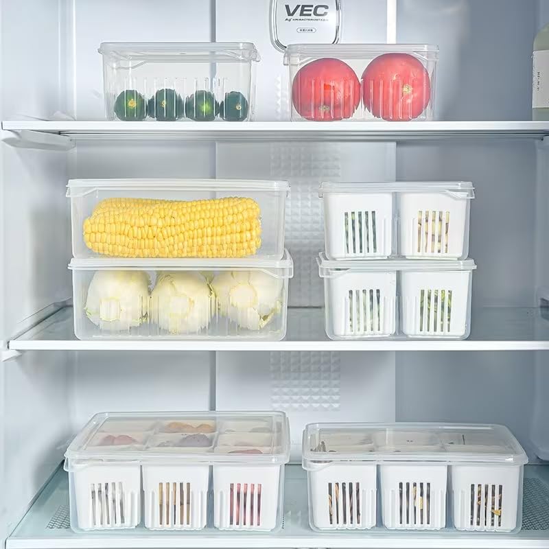Image of 6-Grid Plastic Fridge Storage Boxe with Lid Freezer Containers Kitchen | Vegetable, Ginger, Garlic Removable Drain Plate & Airtight Lid | Transparent & Space-Saving, BPA-Free Food Box