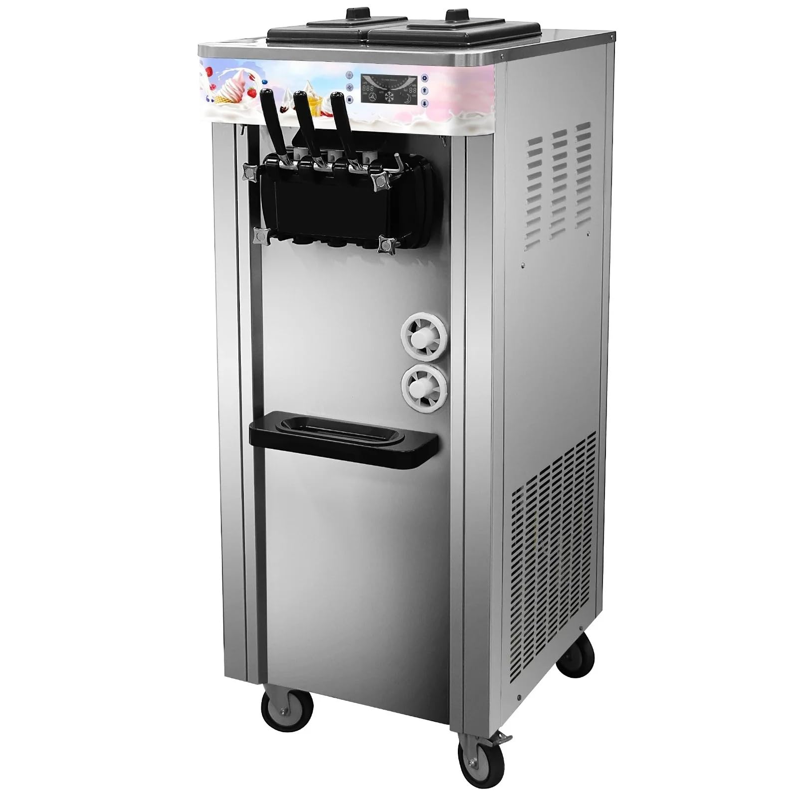 Kommerzielle Eismaschine Eiscreme-Maschine 20L/h Freistehende Softeismaschine mit 3 Geschmacksrichtungen, 2 x 4L Edelstahlbehälter, LED-Panel, Automatische Reinigung, Kühlung über Nacht