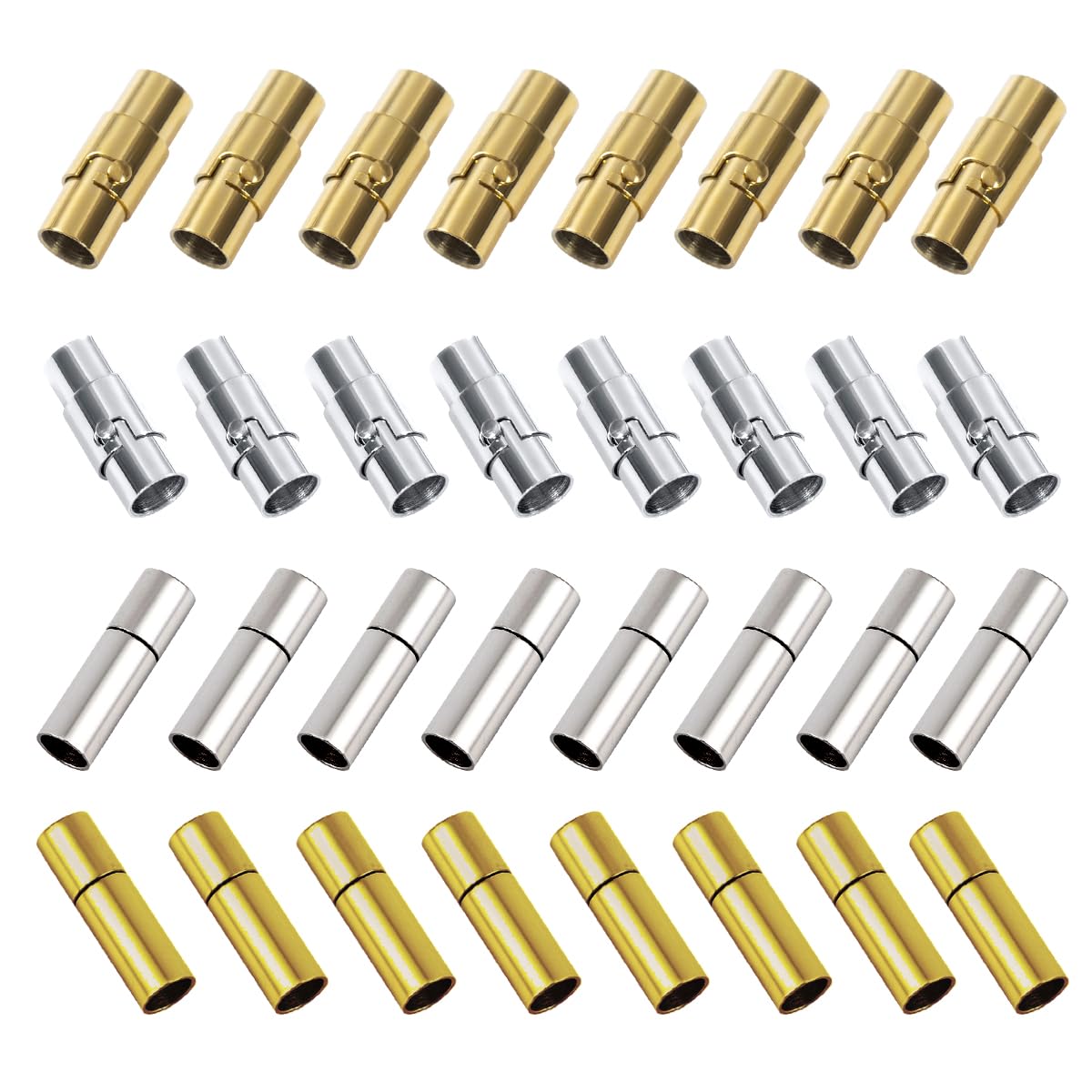 32 Pezzi Tappi Terminali per La Gioielleria 4 mm Tappi per Cordoncino Pelle Oro e Argento Chiusure Magnetiche per Braccialetti Cappuccio Terminale in Pelle per Cuoio Corda Collana Bracciale