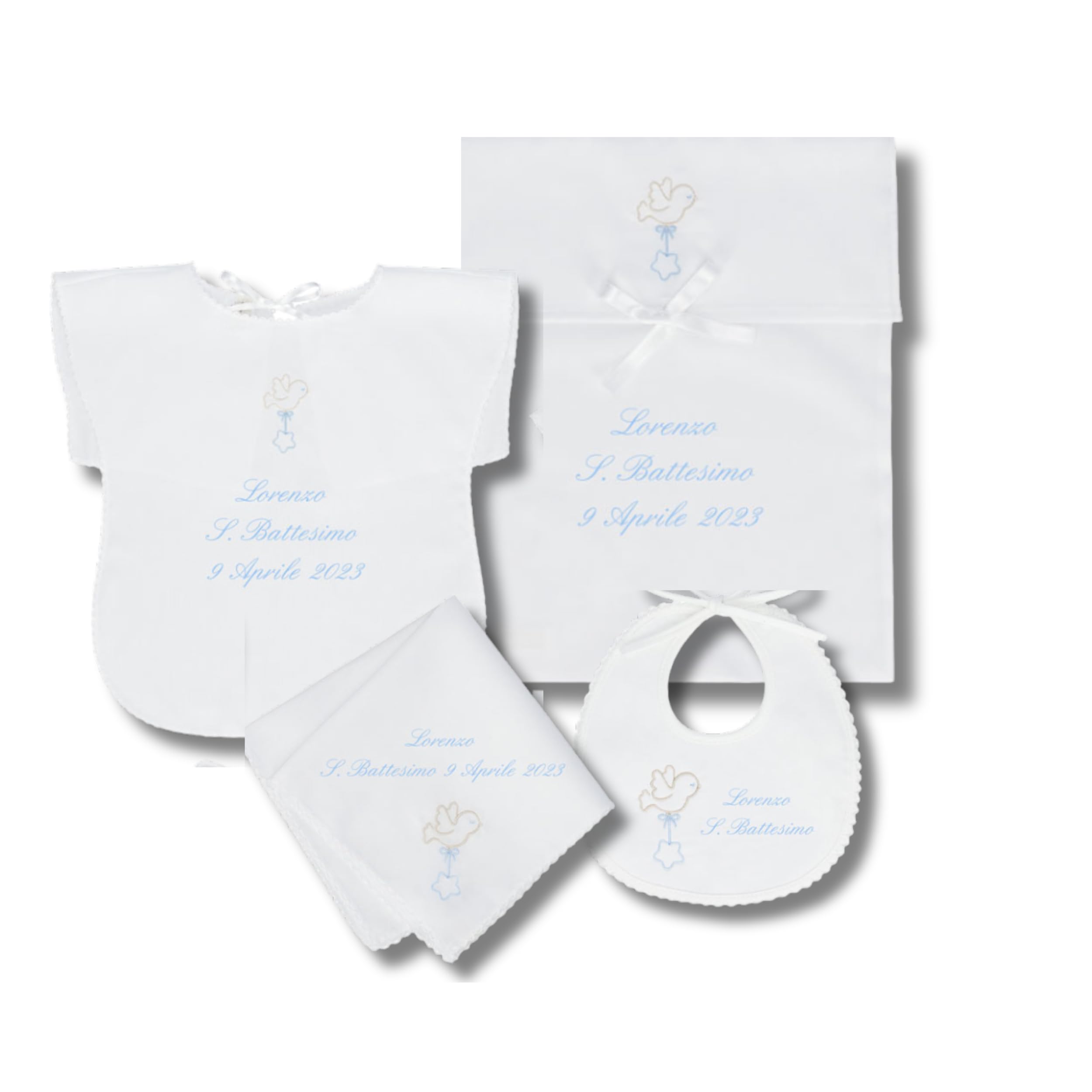 Coccole - Set 4 Pezzi per Battesimo Fazzoletto, Bavaglino, Vestina e Busta - Set Completo Personalizzato con Nome e Data a Tema Stella Azzurro - Kit 4 Pezzi Battesimo in Tessuto Piquet