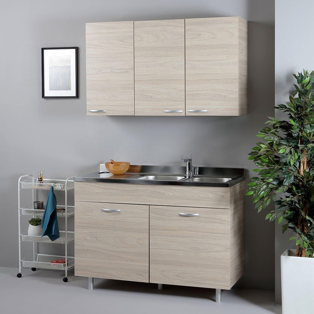Cucina in Kit 120 cm Olmo con Mobile Sottolavabo e Pensile con 3 Ante - Design Naturale