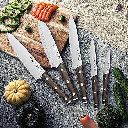 Kitchen Knife Sets, Cookit 15-Piece German Stainless Steel Chef Knife Set with Wooden Block Holder and Sharpener, Color Handle Knife Block Set