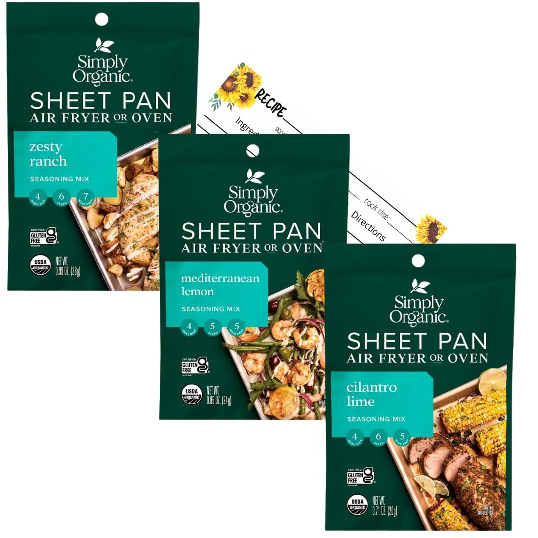 Simply Organic Sheet Pan Seasoning Variety Pack | Cilantro Lime, Zesty Ranch, Mediterranean Lemon | for Air Fryer or Oven | Includes Custom Blank June Street Market Recipe Card