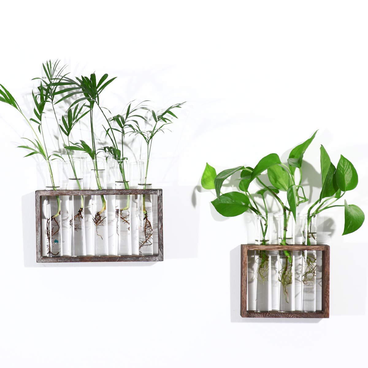 Kingbuy Wisząca szklana stacja do rozmnażania roślin, probówka, wazon, doniczki na kwiaty w stylu vintage, drewniany stojak z 5 akcesoriami do terrarium na parapet, ślub, kuchnia (5 probówek, brązowe drewno)
