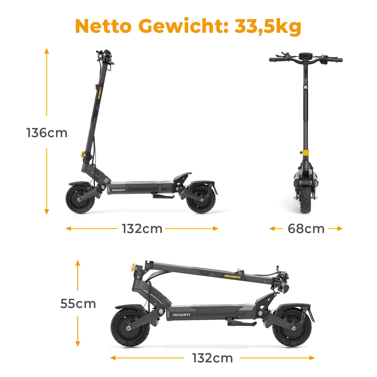 Ausom DT2 Pro E-Scooter 10'' Offroad Elektroroller mit 2200 Dual Motor, 52V 23.4Ah, 115km Reichweite, Hydraulische Doppelscheibenbremse, NFC-Diebstahlschutz – für Abenteuer & Urbanes Commuting
