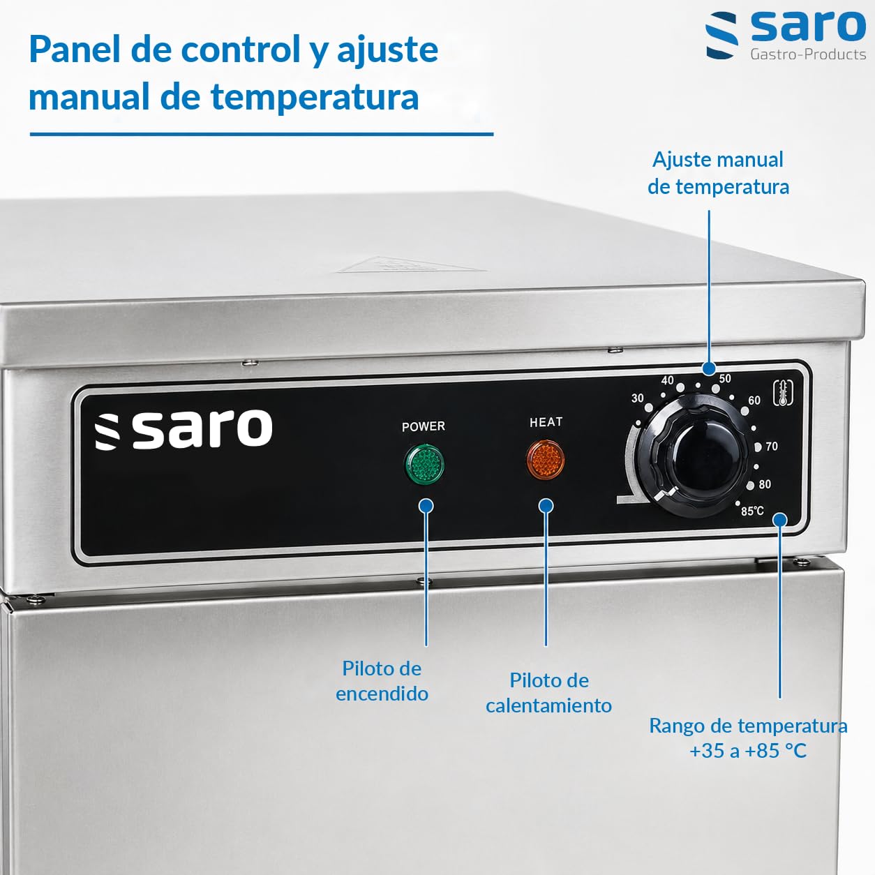SARO TW 60 Armario calientaplatos, 60 platos de 29 cm Ø, acero inoxidable, 3 compartimentos, ruedas con freno, temperatura +35 a +85 °C
