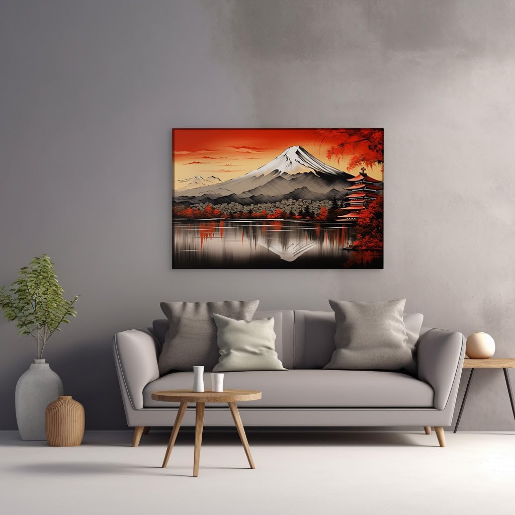 Canvas for Living room. Majestic Mount Fuji at Twilight: A Digital Painting of Nature's Serenity, 27 x 18 inch Canvas Wall Art - Contemporary Masterpieces - Modern Home Decor
