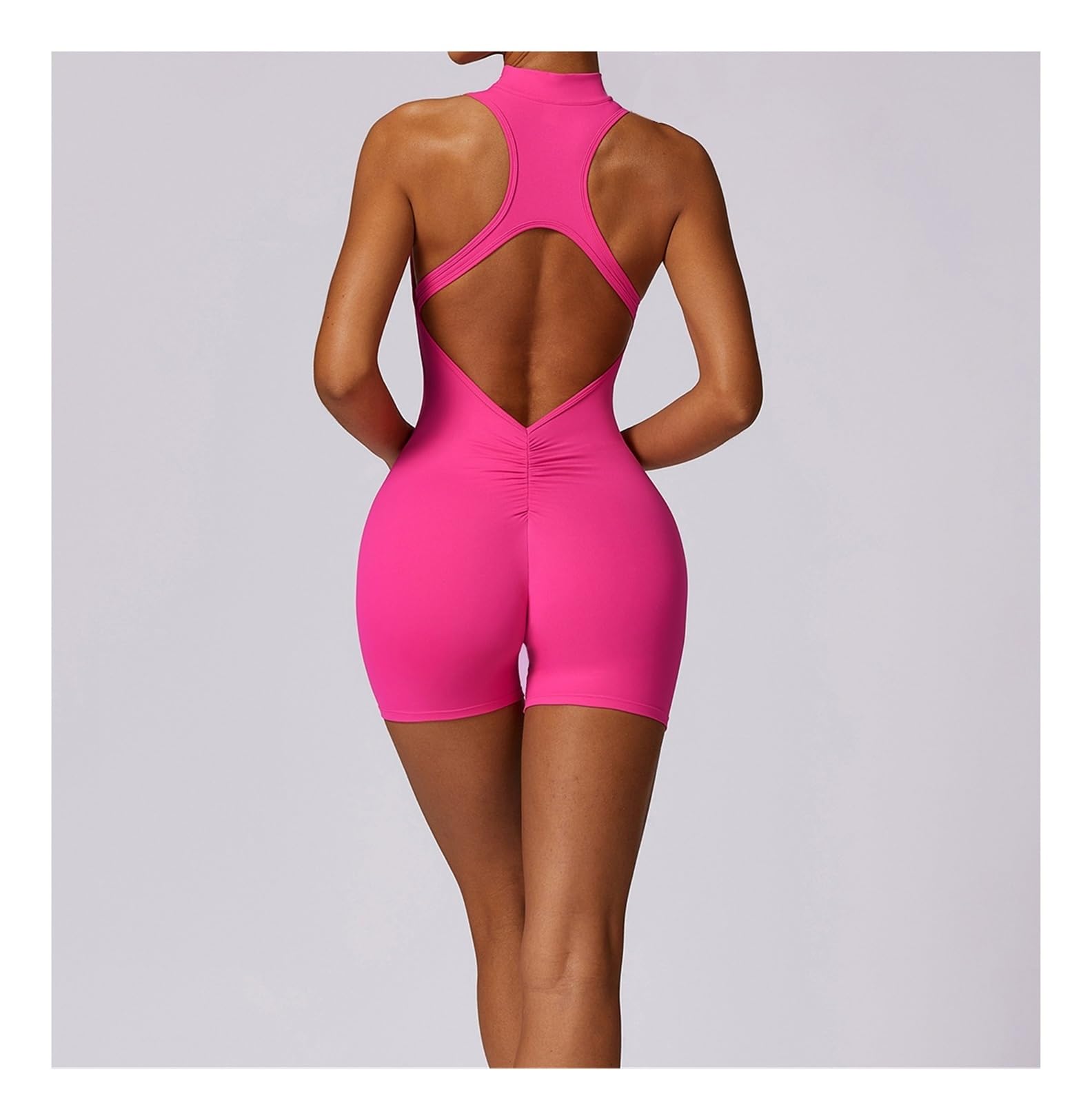 Tuta da yoga Tuta sportiva da donna con scollo a V e schiena arricciata, tuta senza maniche palestra, cerniera, yoga per donna