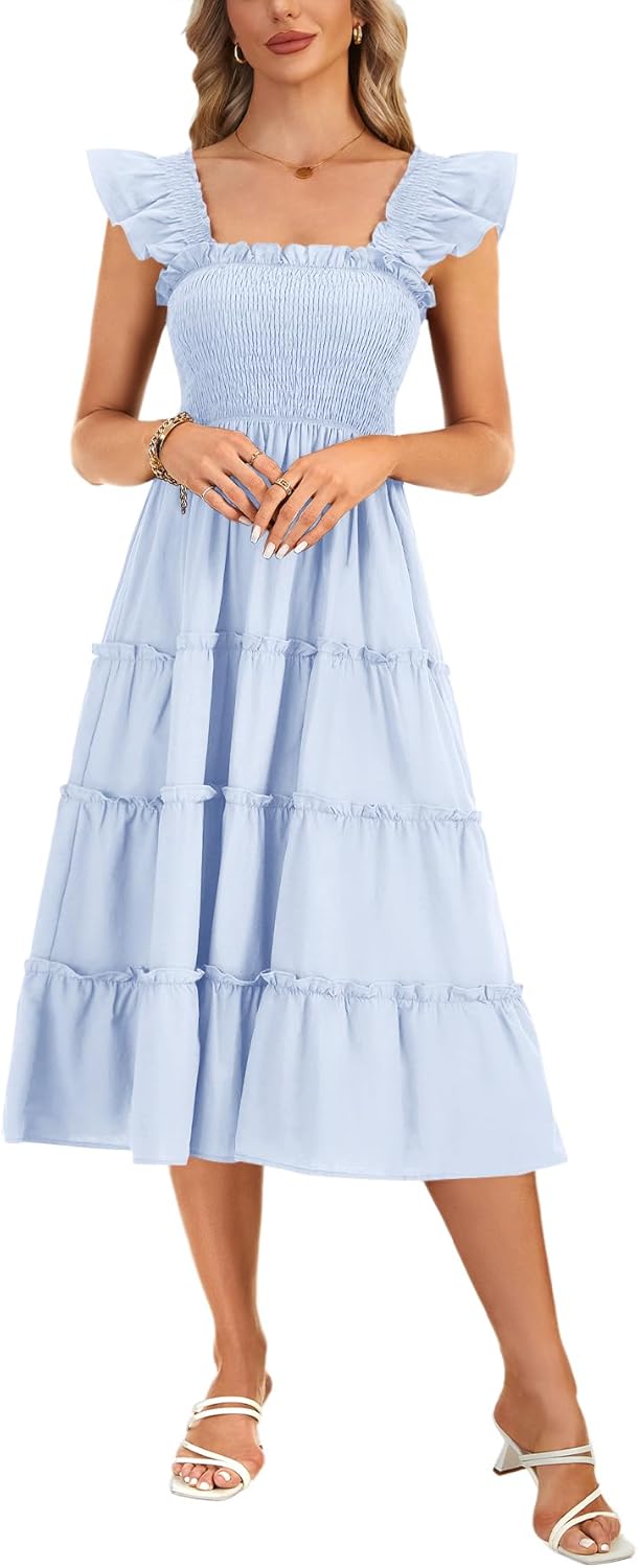 Rooscier Women's Square Neck Smocked Ruffle Sleeveless Tiered A Line Sundress Midi Dress