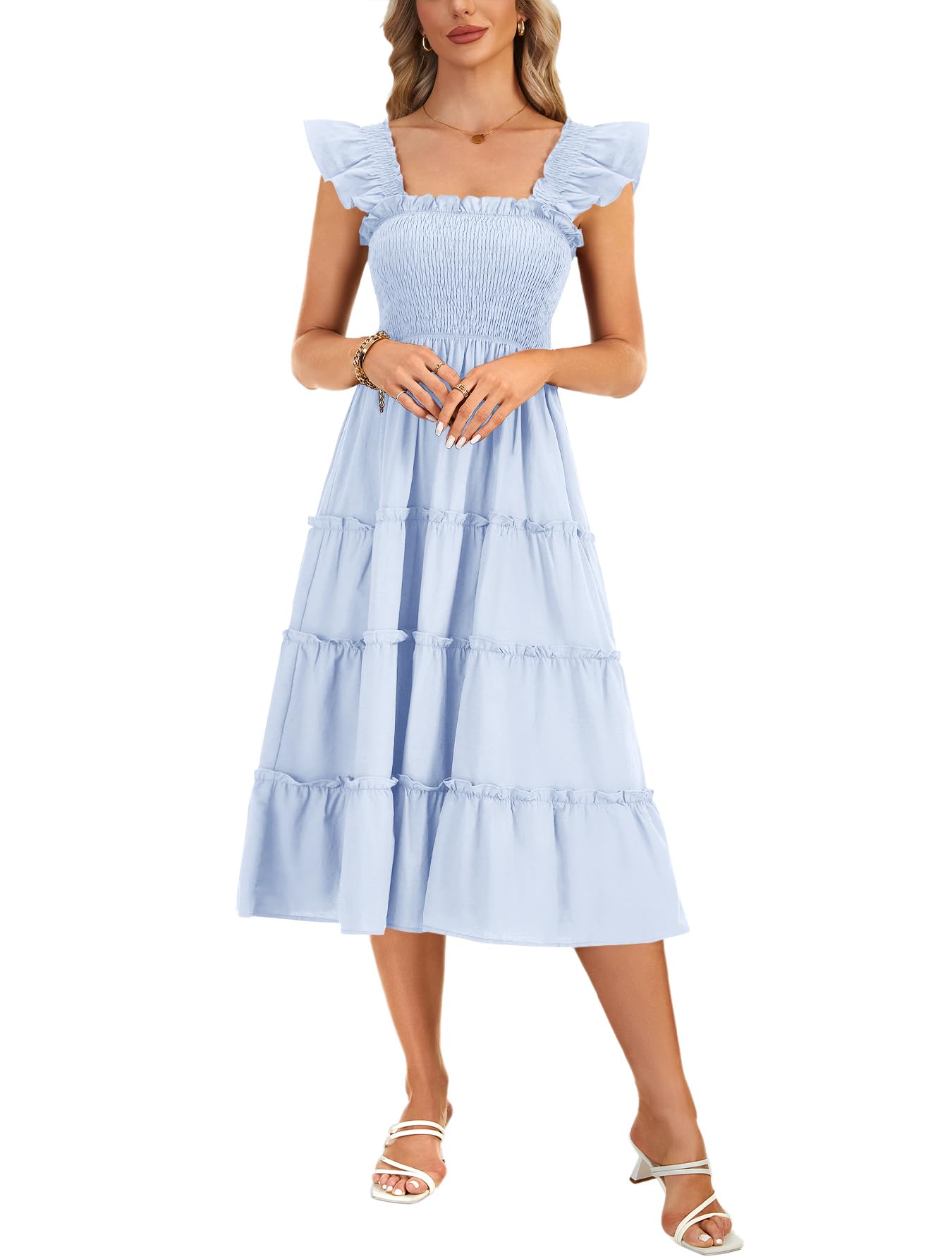 Rooscier Women's Square Neck Smocked Ruffle Sleeveless Tiered A Line Sundress Midi Dress