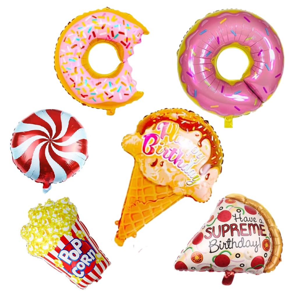 Aluminium 6 pcs Food Theme Birthday Decorations Pizza Candy Burger & Donut Balloons for Birthday Donut Birthday Decorations Items (Pack of 6, Multicolor)