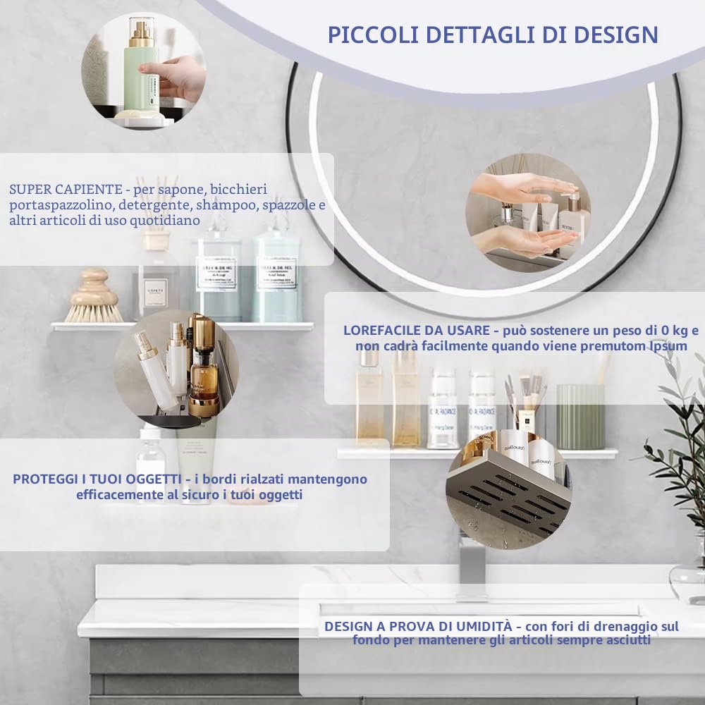 Mensola Doccia Senza Foratura,2 Pezzi Acciaio Inox Portaoggetti Doccia con Foro di Drenaggio Autoadesivo Mensole Organizer Bagno(40CM,Bianco)