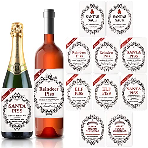 FOHYLOY 10 Pcs Etiquette Bouteille Noël Nouveauté Drôle, Étiquettes de Bouteille de Blague en Anglais, Décorations de Fête D'étiquette de Bouteille de Champagne de Vins de Fête de Noël (A) Cover