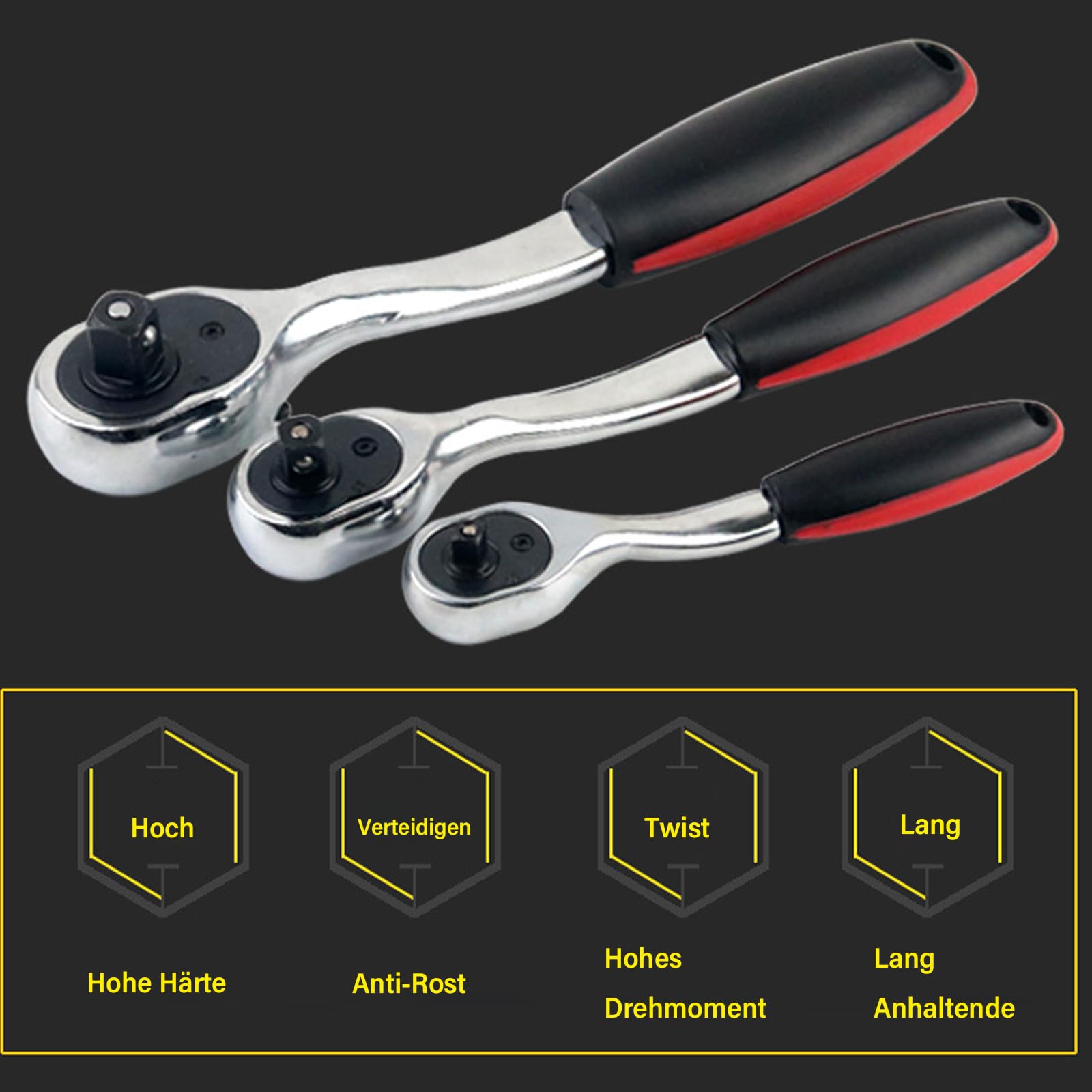 DYOUen 3 Stück Umschaltknarre 1/4 zoll, 3/8 zoll, 1/2 zoll Ratsche Knarre Antrieb 72 Zähnen Feinverzahnte mit Ergonomischem Griff