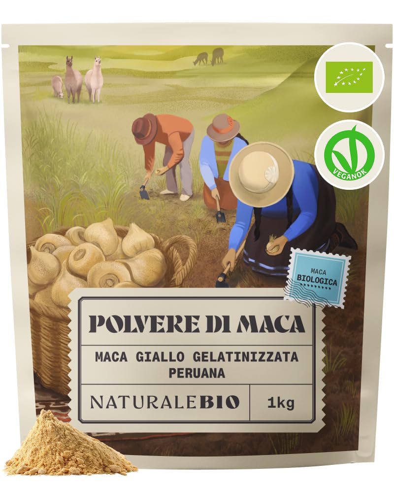 NaturaleBio Maca Peruviana Biologica in Polvere 1 kg. Naturale e Pura, Prodotto in Perù dalla Radice di Maca Bio - Gelatinizzata