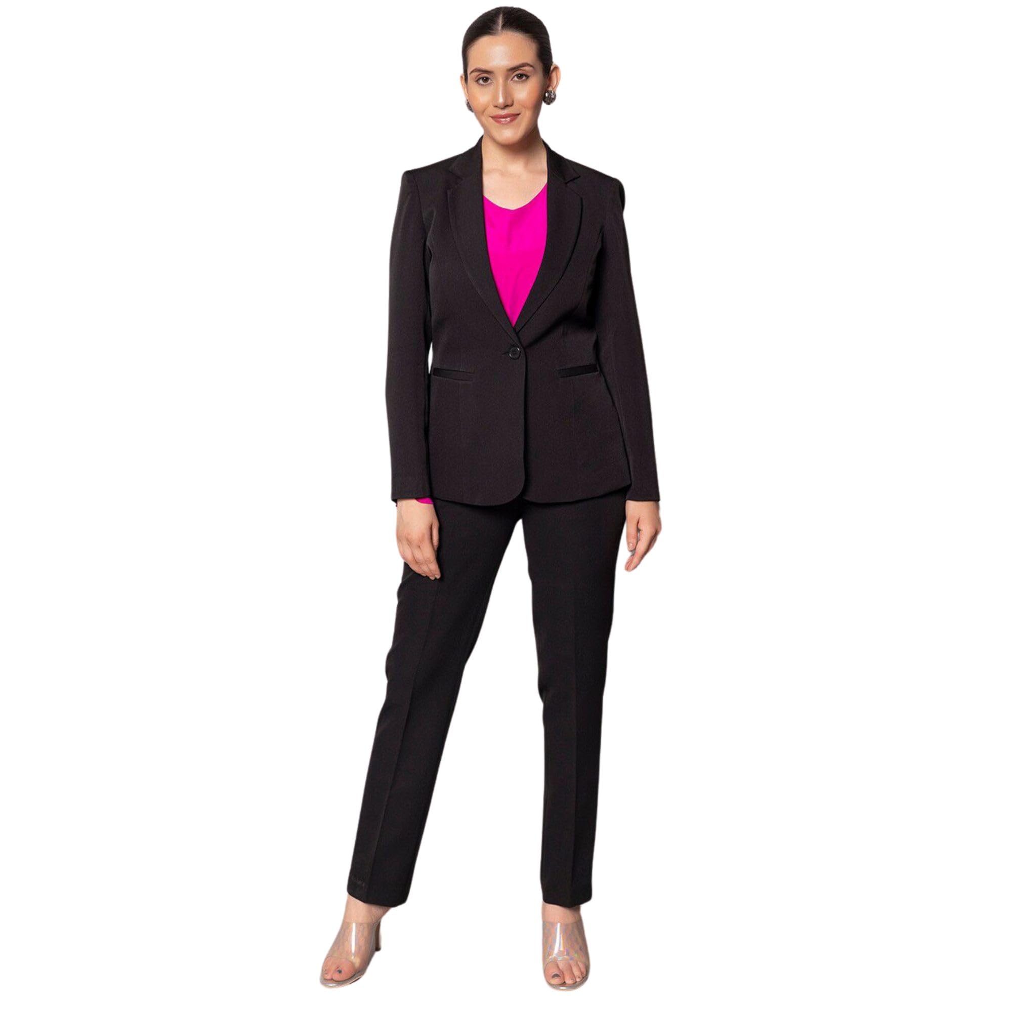 powersutra Women's Black Notch Collar Stretch Suit with Blazer & Trousers | Single-Breasted | Button Closure | Elastic Waist Pants-picture-30