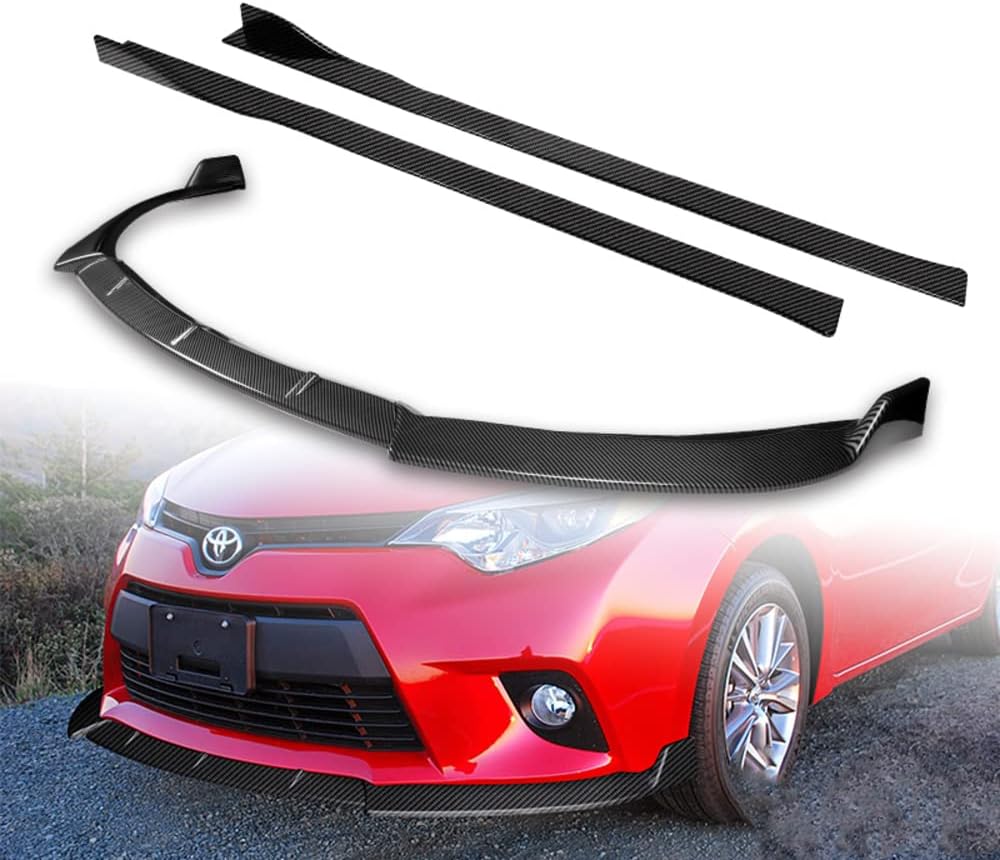 Q1-TECH, 9-Piece Front Bumper Lip & Side Skirt Extensions Diffuser Compatible with 2014-2016 Toyota Corolla Base/L/LE Model Only, Front Lip Spoiler Air Chin Body Splitter ABS (Painted Carbon)
