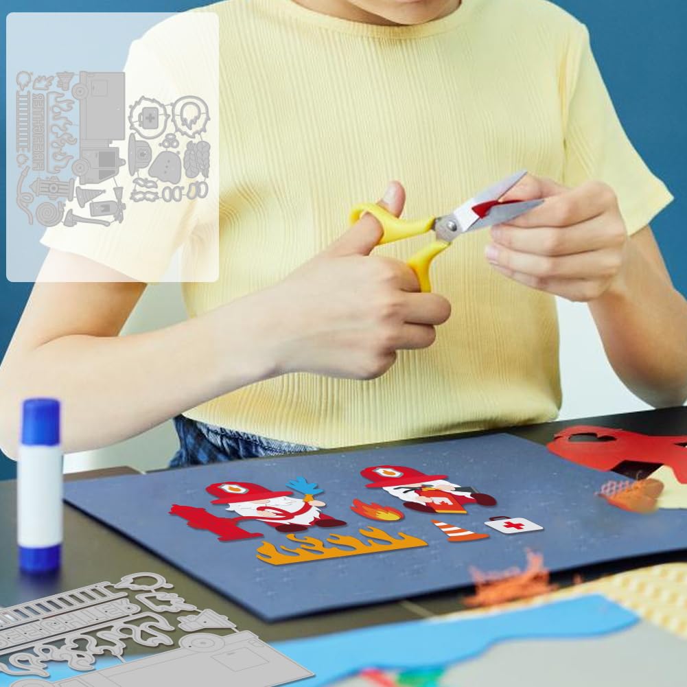 MAYJOYDIY Firefighter Gnome Cutting Dies Fireman Gnome Die Cut Carbon Steel Embossing Template Fire Truck Fire Protection Theme Pattern for Card Making Scrapbooking Envelope DIY Paper Craft Supplies - Image 4