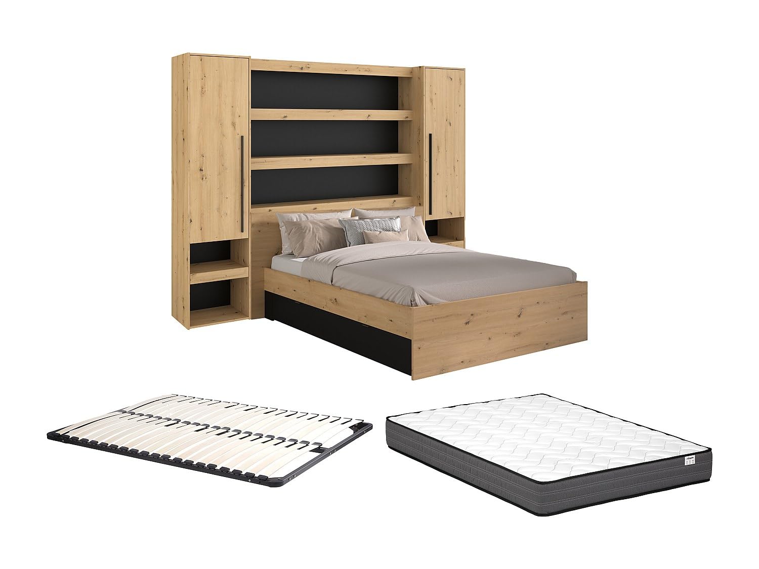 Vente-unique - Lit Pont 160 x 200 cm avec rangements - avec LEDs - Coloris : Naturel et Noir + Sommier + Matelas - VARLY