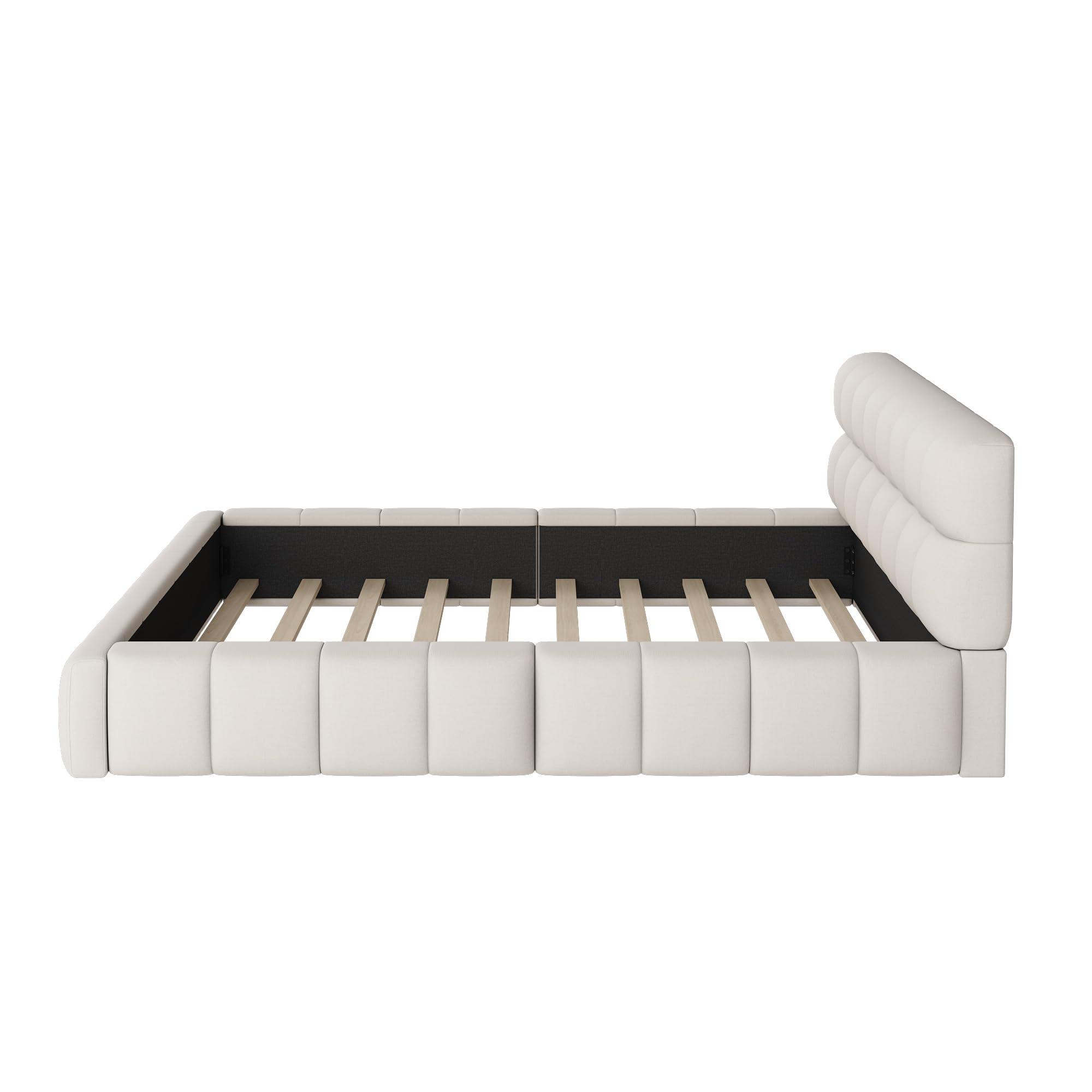 Letto imbottito con schienale morbido, piano con bordo imbottito, rete a doghe in lino (materasso non incluso) (beige, 140 x 200 cm)
