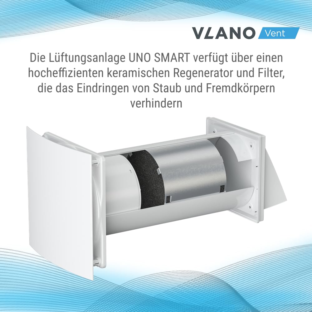Vlano Dezentrale Wohnraumlüftung mit Wärmerückgewinnung, 125 mm, mit Fernbedienung, Temperatursensor, 6 Leistungsstufen, 4 Betriebsarten, Zu und Abluft, Lüftungsanlage, weiß