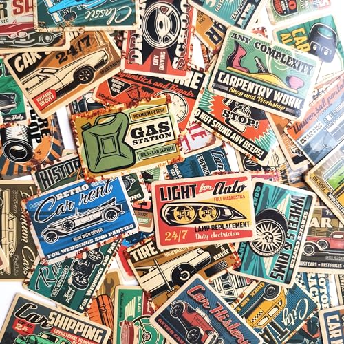 Image of 50Pcs Retro Car Decals Old Car Commercial Panel Auto Advertising Hard Hat Vintage Mechanic Stickers Pack