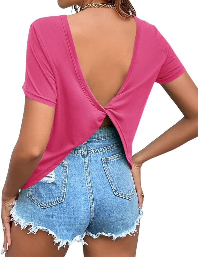 Women's Twist Backless Short Sleeve T Shirts Tops Round Neck Curved Hem Casual Workout Tee T-Shirts