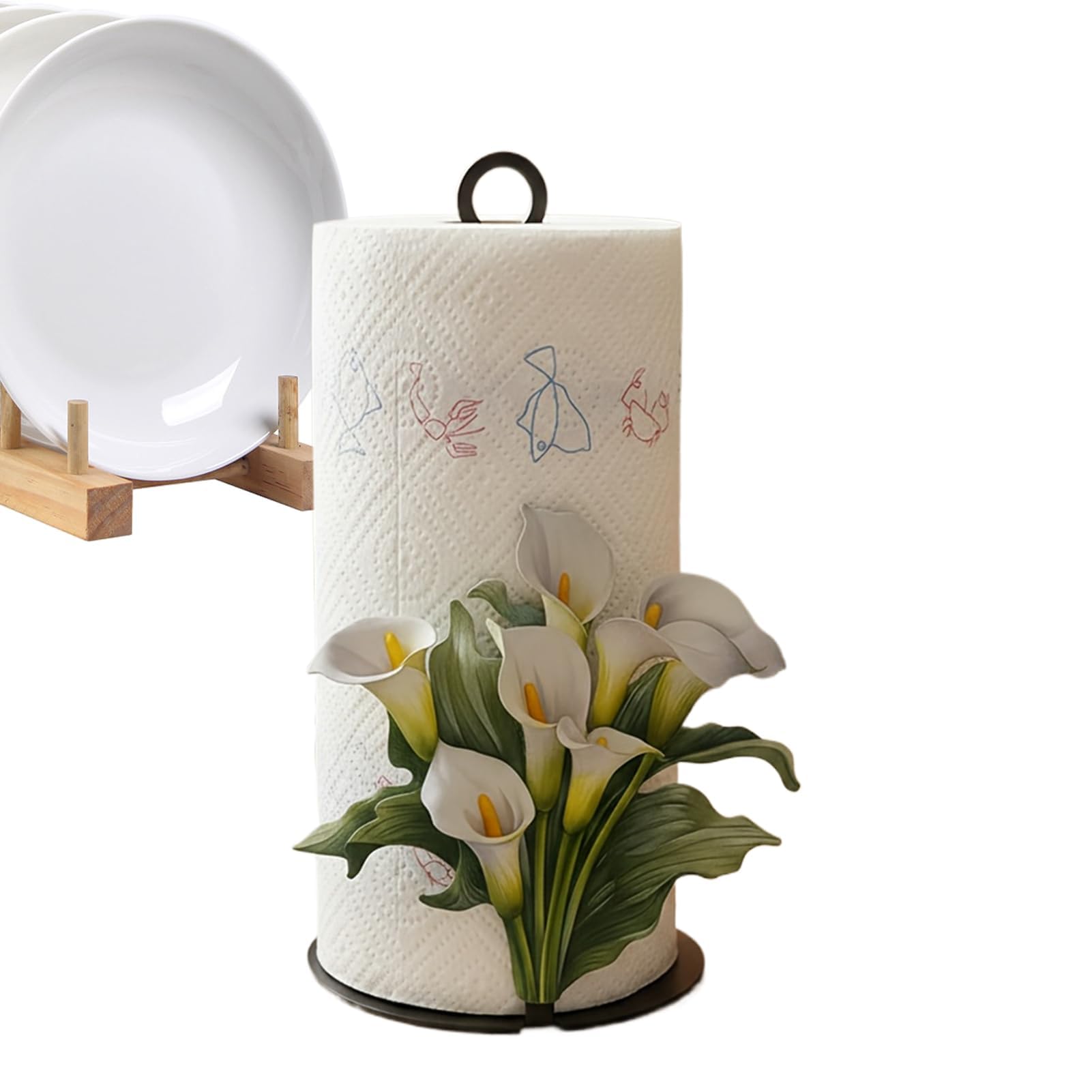 Muiltvoe Paper Towel Stand, Tissue Roll Dispenser, Decorative Holder with 2D Flower Pattern, Apartment Bathroom Sink Organizer, Pantry Garage Restaurant Cafe Hotel School