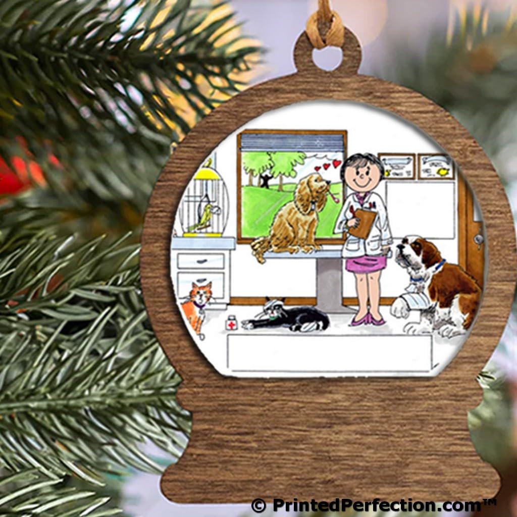 PrintedPerfection.com Personalized Veterinarian - Female Wooden Snow Globe Shaped Christmas Ornament