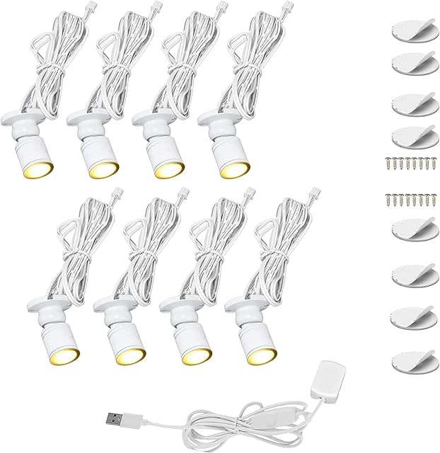 Cefrank Spotlights 8x1watt Warm White LED Mini Spot Lights for Display Case, USB Power Dimmable Cabinet Lamps - WarmWhite 3000K