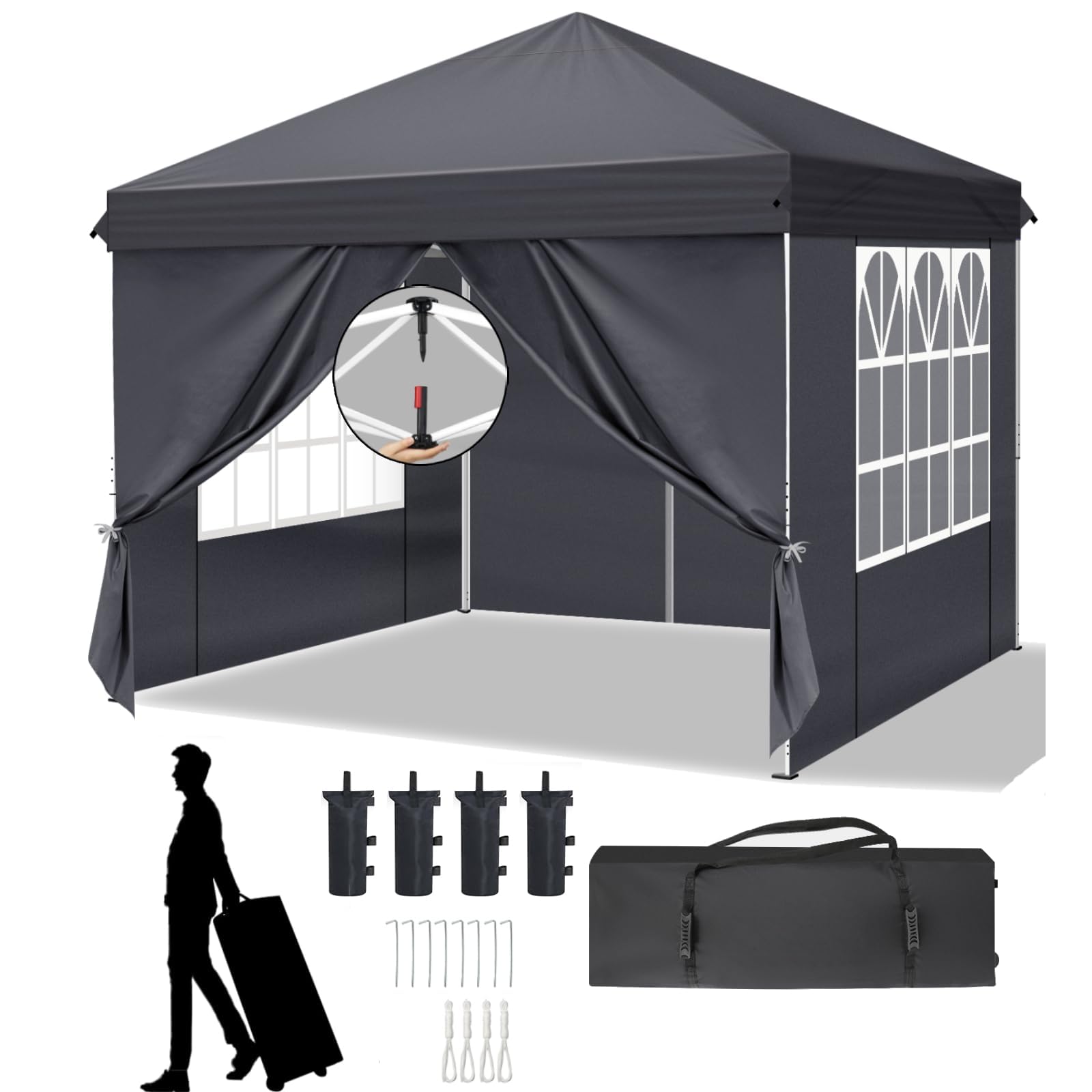 LEADZM Pavillon 3x3 m,Pop-Up Faltpavillon One-Touch, Metallrahmen,Wasserdicht UV-Schutz 50+ Stabil, Höhenverstellbar,Gartenzelt Partyzelt mit 4 Seitenteilen für Camping,Party,Anthrazit