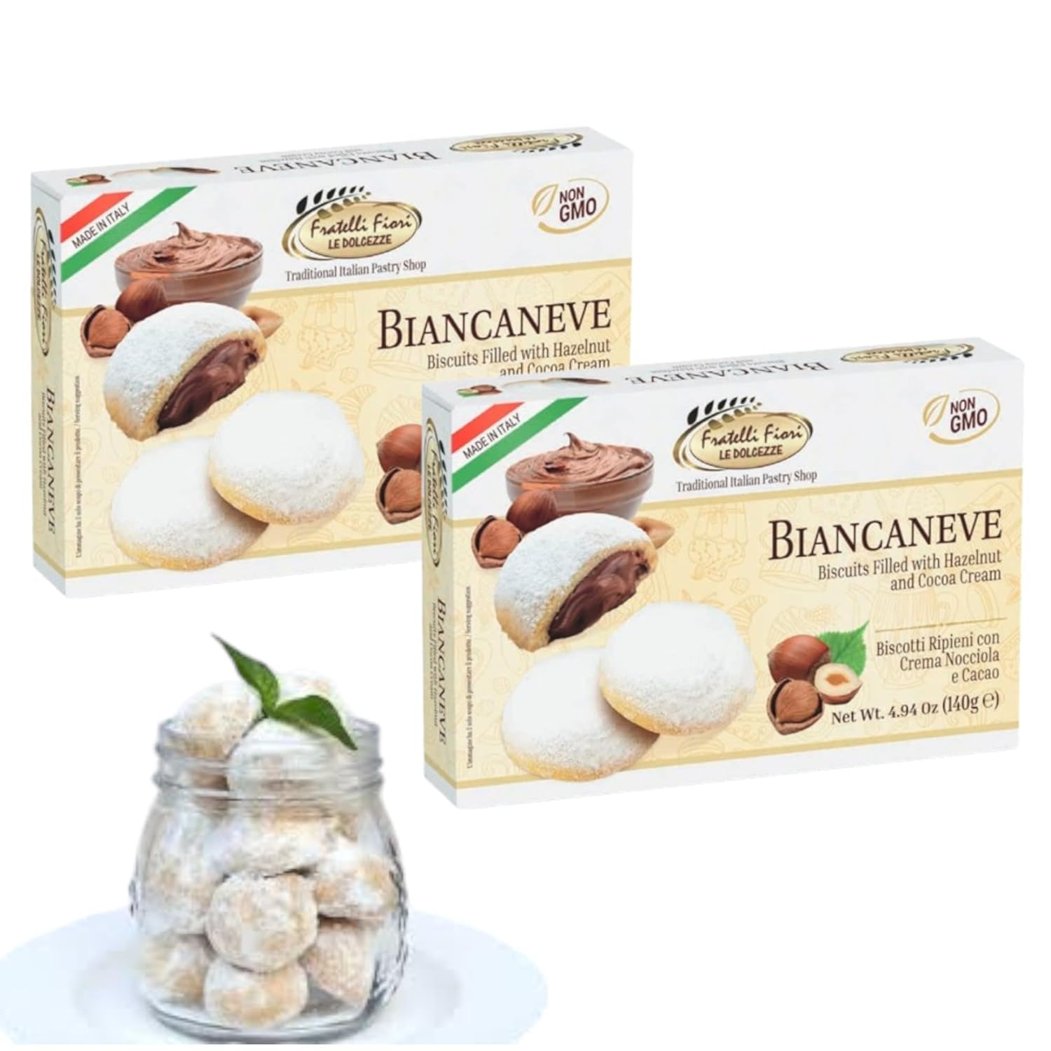 Fratelli Fiori Biancaneve Snow White Soft Cookies - Luxurious Italian Dessert with Rich Hazelnut Filling - Buttery Shortcrust Pastry Ideal for Festive Occasions & Gifts - 2-Pack