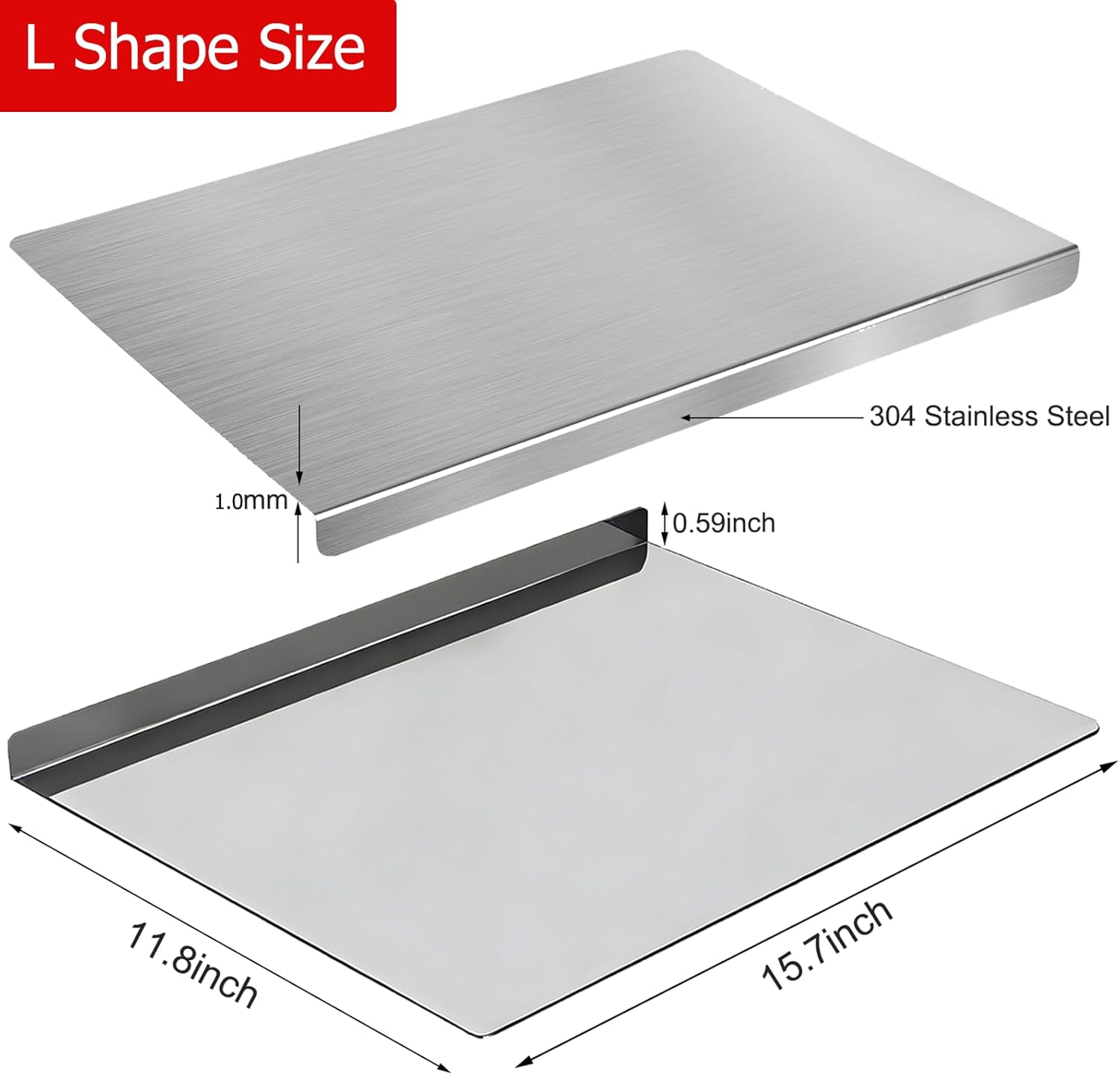 Stainless Steel Cutting Board with Lip for Kitchen L-Shaped, Metal Chopping Board with Counter Lip for Kitchen, Heavy Duty Double-Sided Surface for Meat Vegetables Fruit Dough, Dishwasher Safe