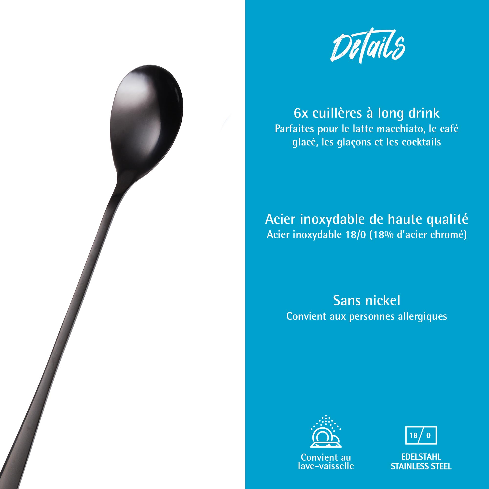 GRÄWE Cuillère à Glace Et Latte Macchiato Acier Inoxydable Lot De 6 Cuillère Longue 22,3 Cm Passe Au Lave-vaisselle