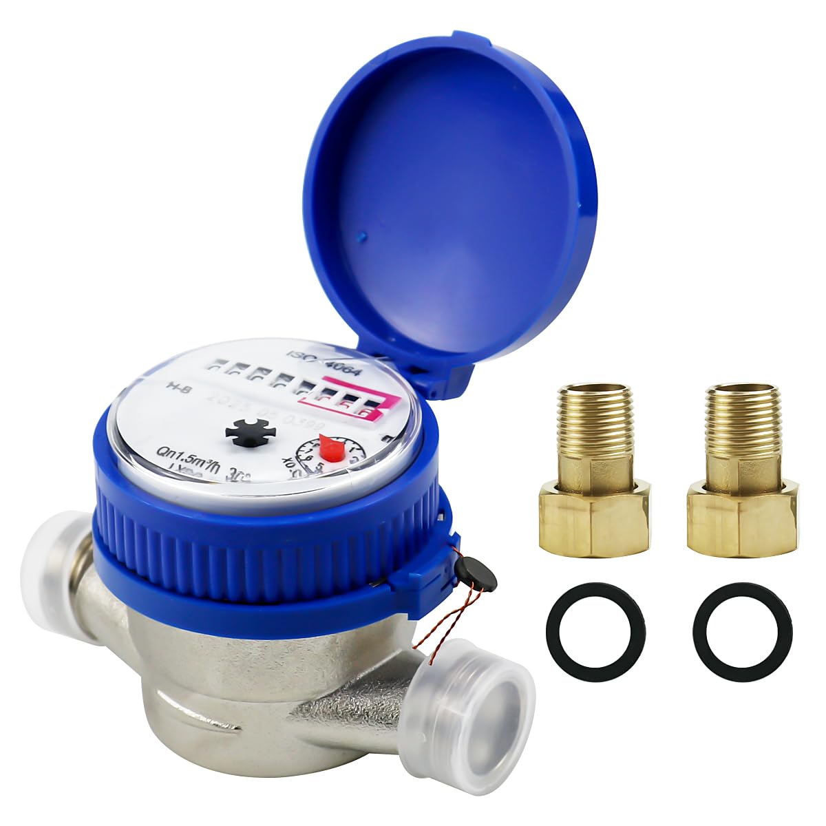 Compteur d'eau de jardin 1/2", horloge à eau froide calibrée, compteur de robinet avec accessoires de montage et couvercle de protection,pour usage domestique, jardin, 0-40℃ 1,5 m³/h