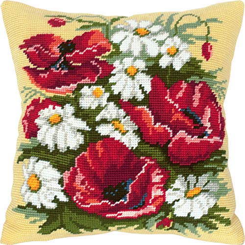 Image of Brvsk Floral Embroidery Kit for Adults and Beginners - Poppies and Daisies 16″ x 16″ with Clear, Precise Printed Design on Cotton Canvas; Includes 2 Needles, Yarn, and Easy-Read Chart