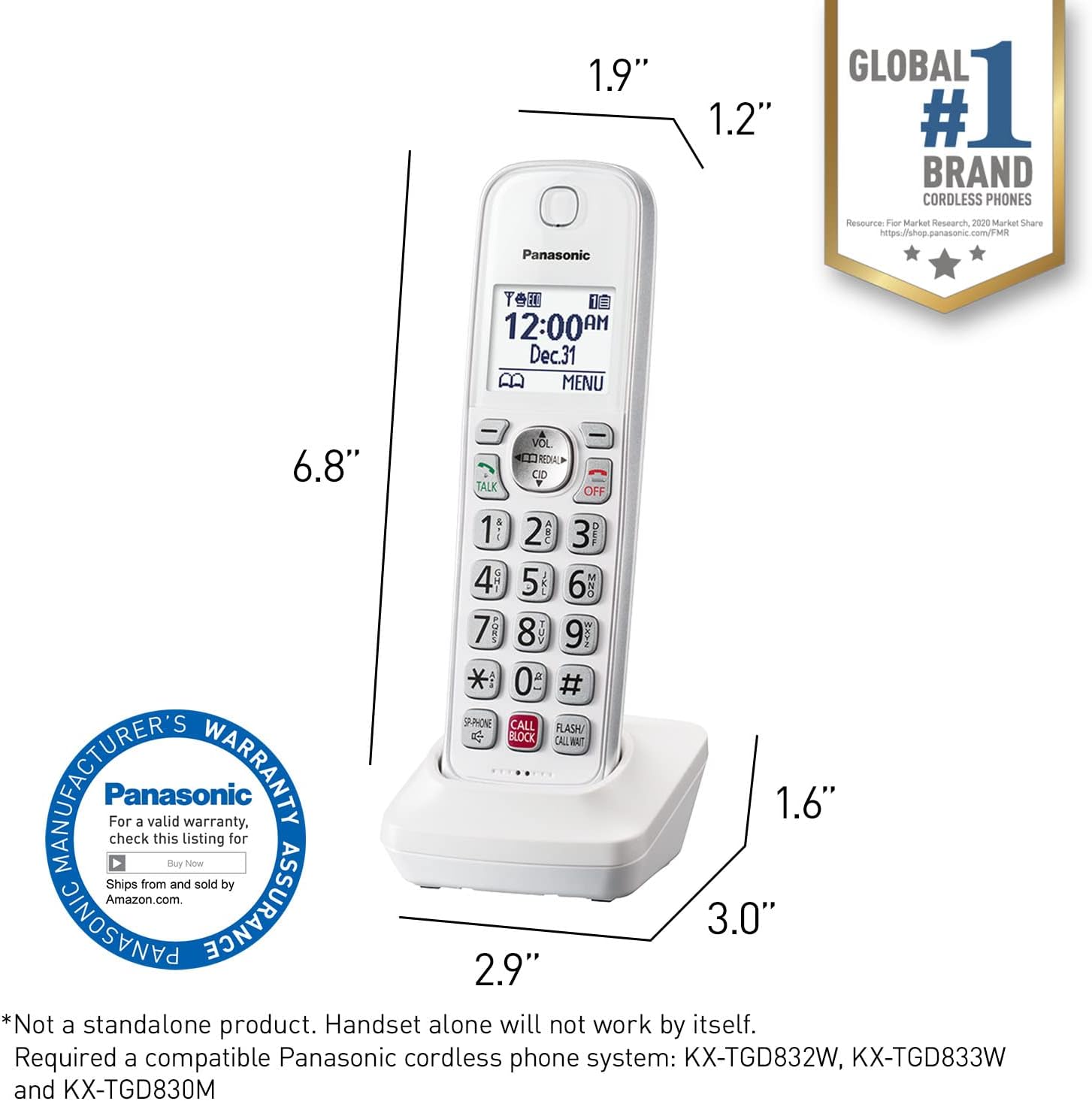 Panasonic Cordless Phone Handset Accessory Compatible with KX-TGD83x Series Cordless Phone Systems - KX-TGDA83W (White)