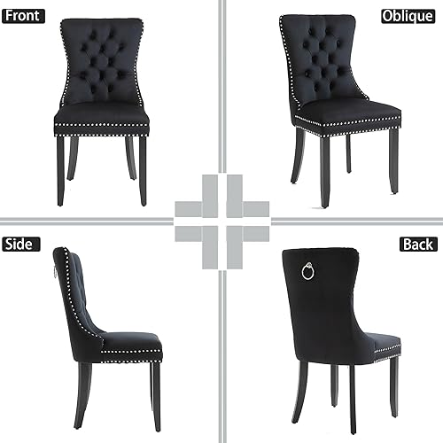 Miniatura 5 de Rhomtree Juego de 4 sillas de comedor de tela de terciopelo, respaldo copetudo de lujo con ribete clavado y anillo trasero, sillas de comedor para