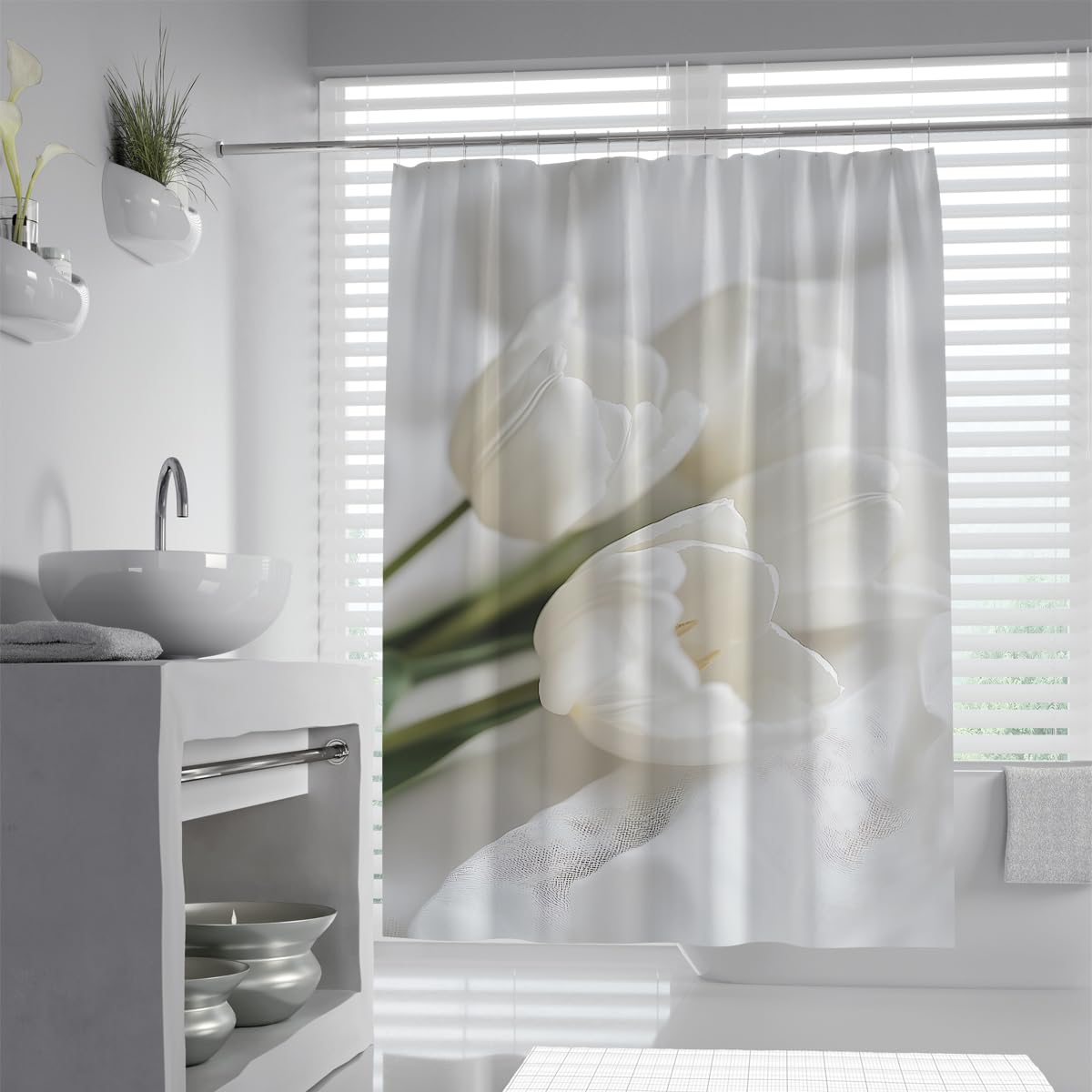UIRINGART Chic White Tulip Shower Curtain W200xL220cm Modern Botanical Flower Pattern Mildew Resistant Waterproof Bath Curtains For Bath Tub With Hooks