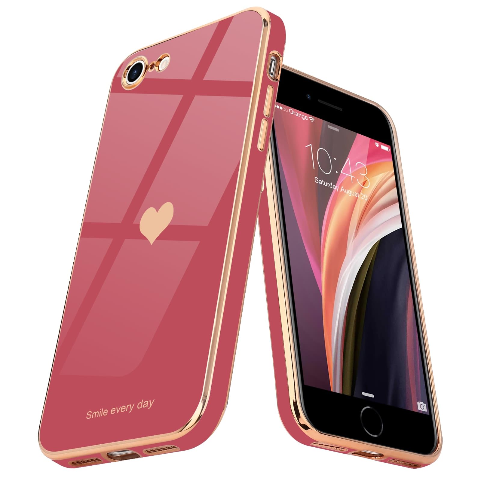 Teageofor iPhone SE 2022 Case iPhone 8 iPhone 7 iPhone SE 2020 Phone Case Cute Heart Pattern for Women Girls Slim Luxury Bling Plating Soft Shockproof Bumper for iPhone 7/8/SE 2/SE 3, Bright Blush