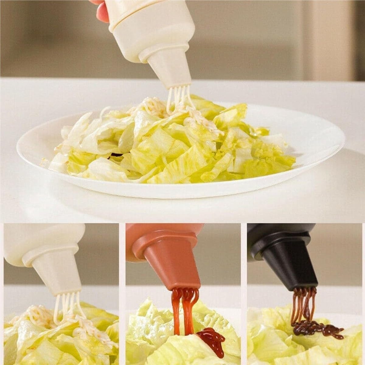 Butelka Ściskania Sos Sałatkowy Ketchup Butelka Na Wyciskany Przyprawy Do Wyciskania Żywności Z Pięcioma Otworami, Zestaw 5 Sztuk Naczynia Obiadowe(White)