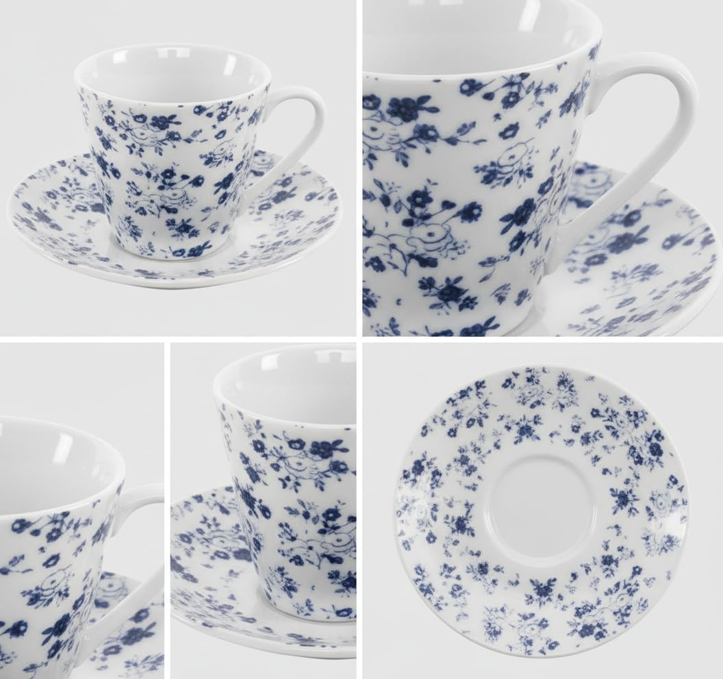 Service à café 6 petites tasses 90 ml avec assiette, céramique blanche avec fleurs bleues vintage, passe au lave-vaisselle et au micro-ondes, pour invités de fête