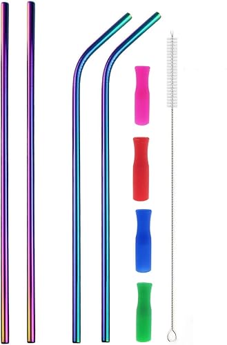 Pajitas coloridas de acero inoxidable, 4 popotes ultra largos de 12 pulgadas reutilizables de color arcoíris con puntas de silicona y cepillo de
