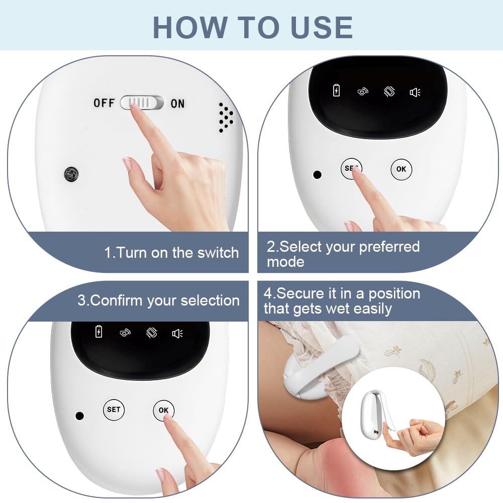 OFFCUP Alarma InaláMbrica para Enuresis, Carga USB, Inalámbrica Enuresis Alarma con 3 Modos, Vibración, Sonido, Vibración y Sonido, para Niños, Adolescentes y Personas Mayores (Pantalla Negra)
