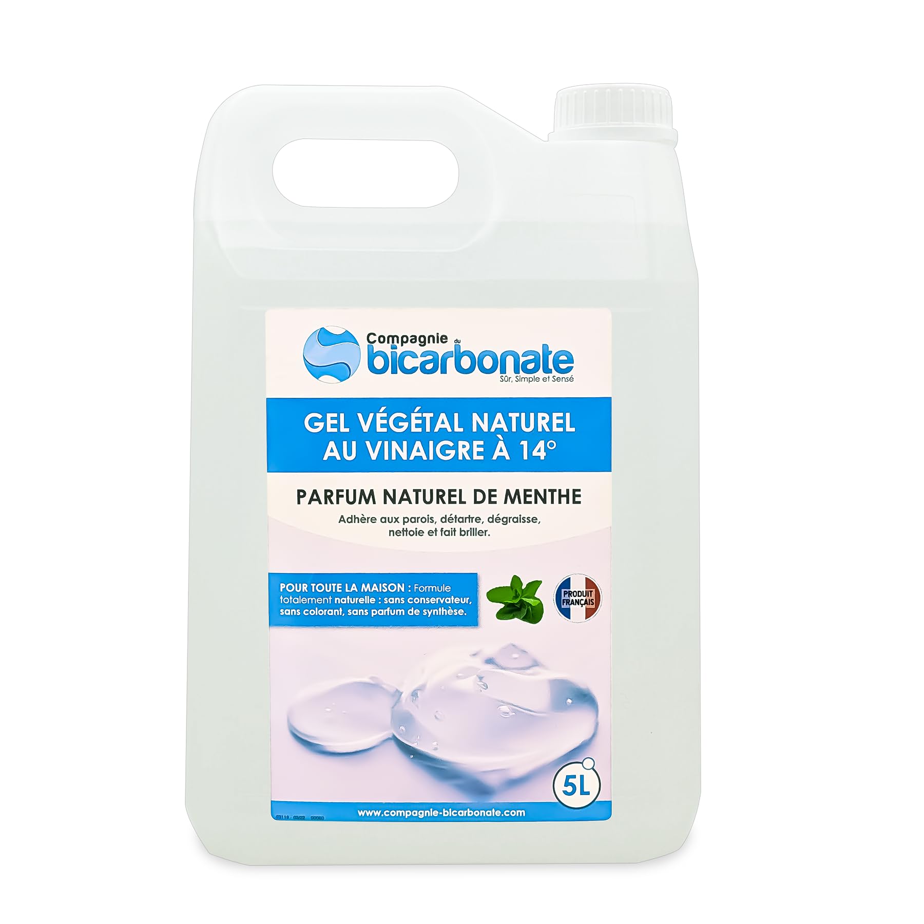 Gel Vinaigre Végétal à 14° - 5 L Parfum Naturel de Menthe - Nettoyant Pour Maison, Cuisine, Plan de Travail, Jardin - Compatible Fosses Septiques- La Compagnie du bicarbonate.
