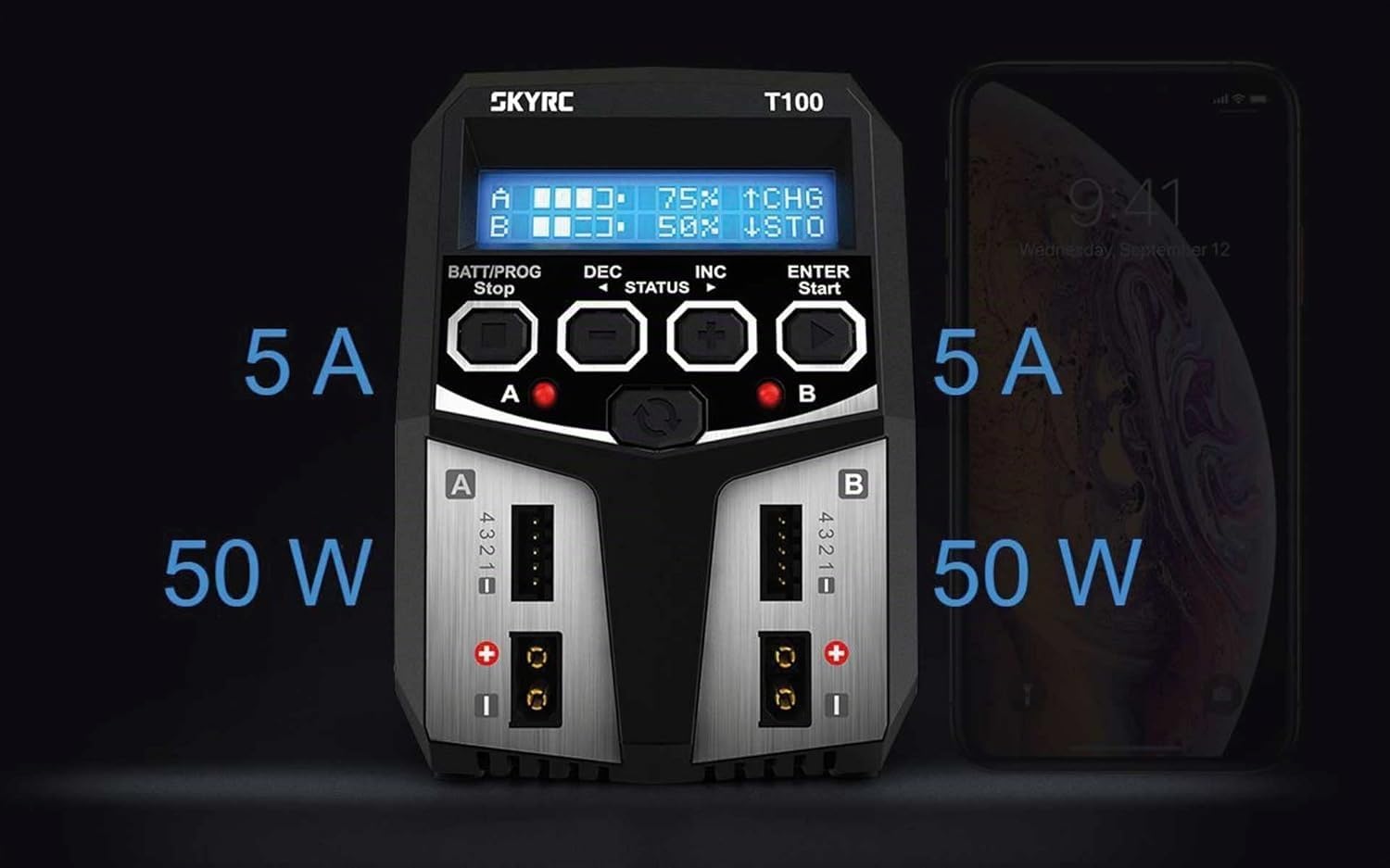 Doppel Lipo Balance Ladegerät, SKYRC T100 5.0A Dual AC-Eingang Zwei-Kanal XT60 Akku/Entlader für 2S 3S 4S Life LiHV Li ion, 6S 7S 8S NiCd NiMH Pb AGM (6V/12V) Timer Stop AGM & Kaltlade