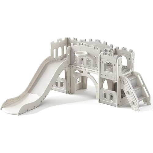 8 in 1 Toddler Slide, Castle-Themed Indoor Outdoor Playground for Toddlers Age 1+ with Extra-Long Slide, Basketball Hoop and Ball, Telescope, Tunnel, Storage Space, Baby Climber Playset, Grey