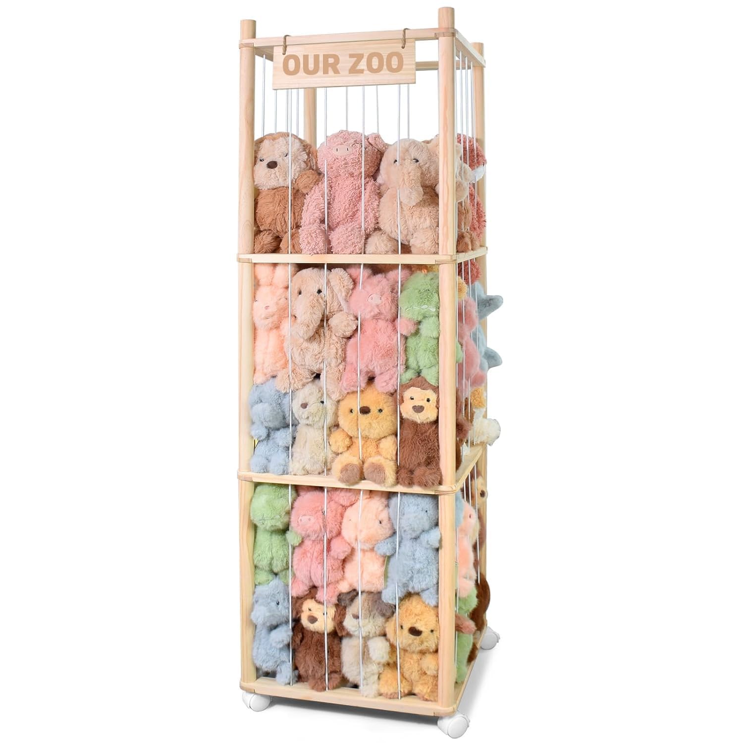 BENCHRY Stuffed Animal Storage, Plush Toy Organizer with Brake Wheels, Space-Saving and Large Capacity Wooden Cute Zoo Toy Holder, Fit for Nursery Playroom Kidroom Bedroom-53 H x 17" L x 17" W