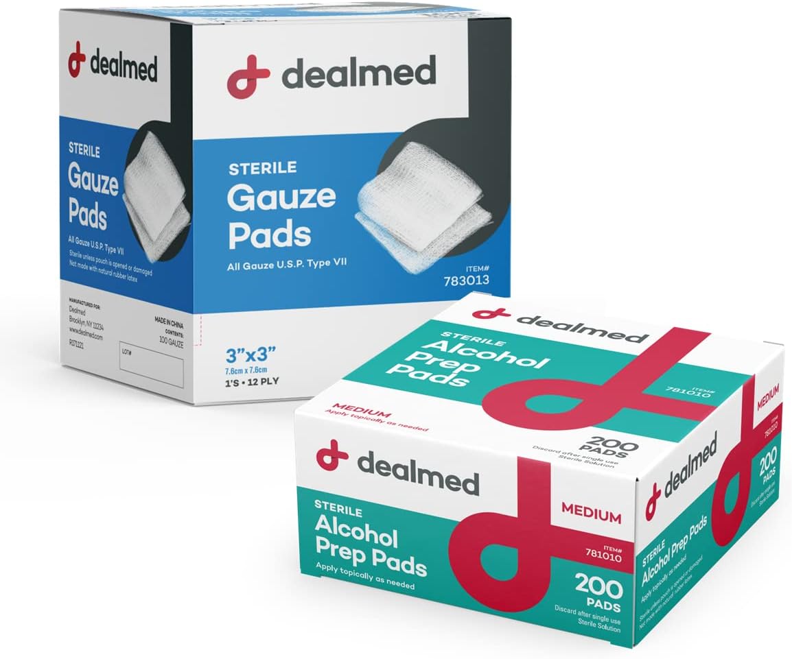 Dealmed Alcohol Prep Pads and Gauze Pads Bundle | 200 Count Medium Alcohol Prep Pads Plus 100 Count 3" x 3" Sterile Gauze Pads